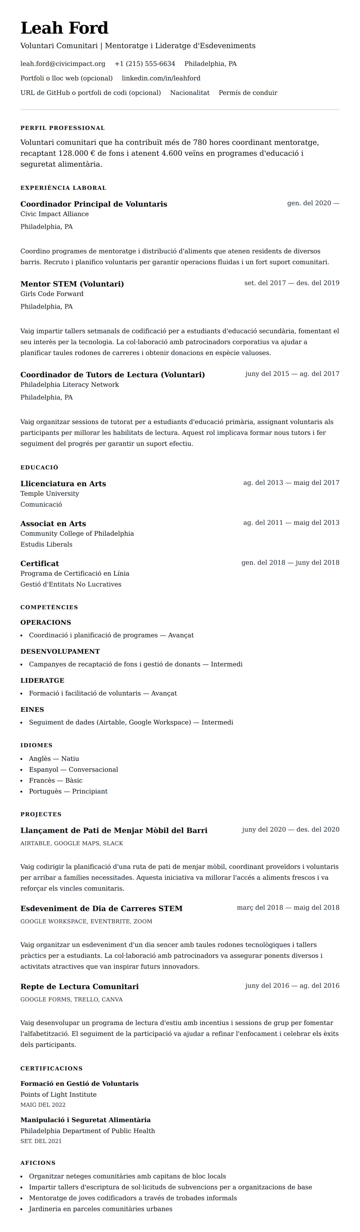 Previsualització del currículum per a Exemple de Currículum de Voluntari