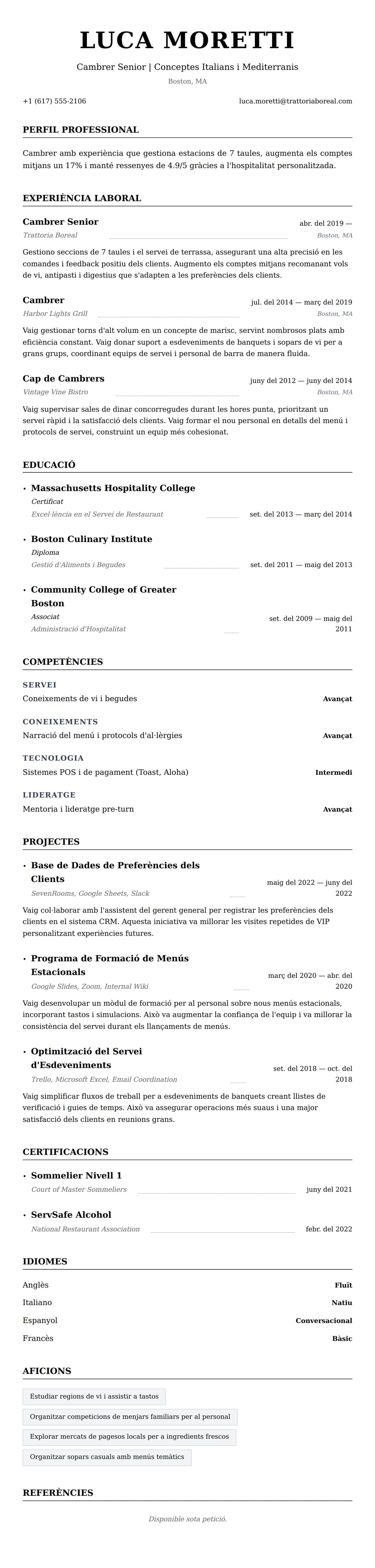 Previsualització del currículum per a Exemple de Currículum de Cambrer