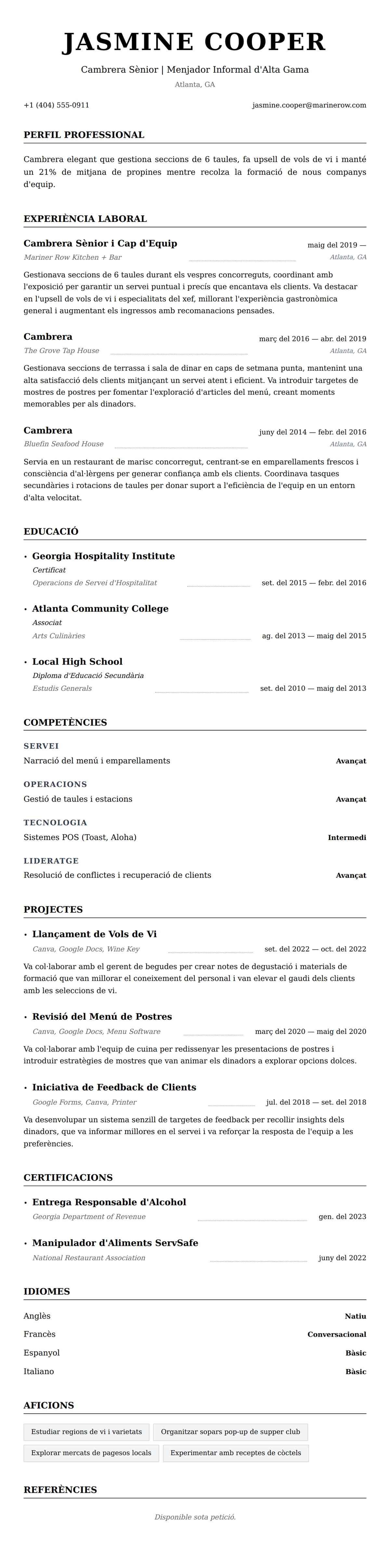 Previsualització del currículum per a Exemple de Currículum de Cambrera