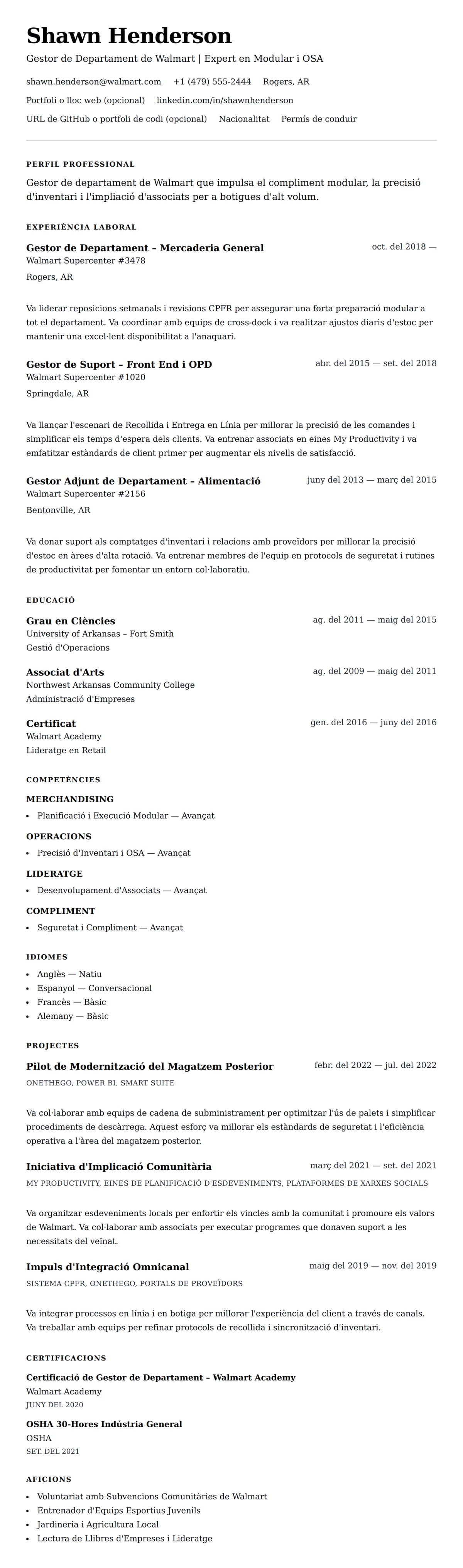 Previsualització del currículum per a Exemple de Currículum de Gestor de Departament de Walmart