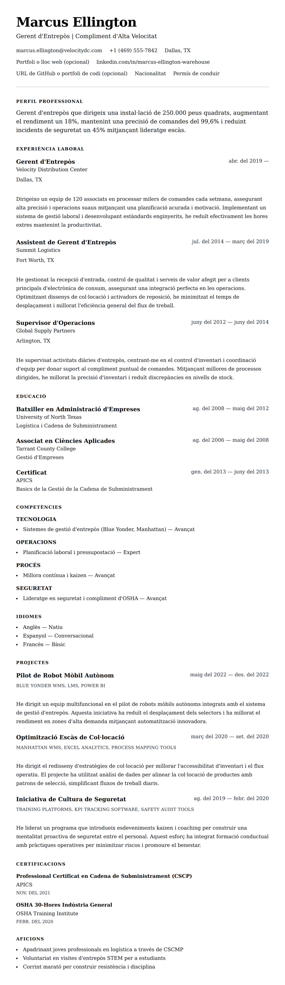 Previsualització del currículum per a Exemple de Currículum de Gerent d'Entrepòs