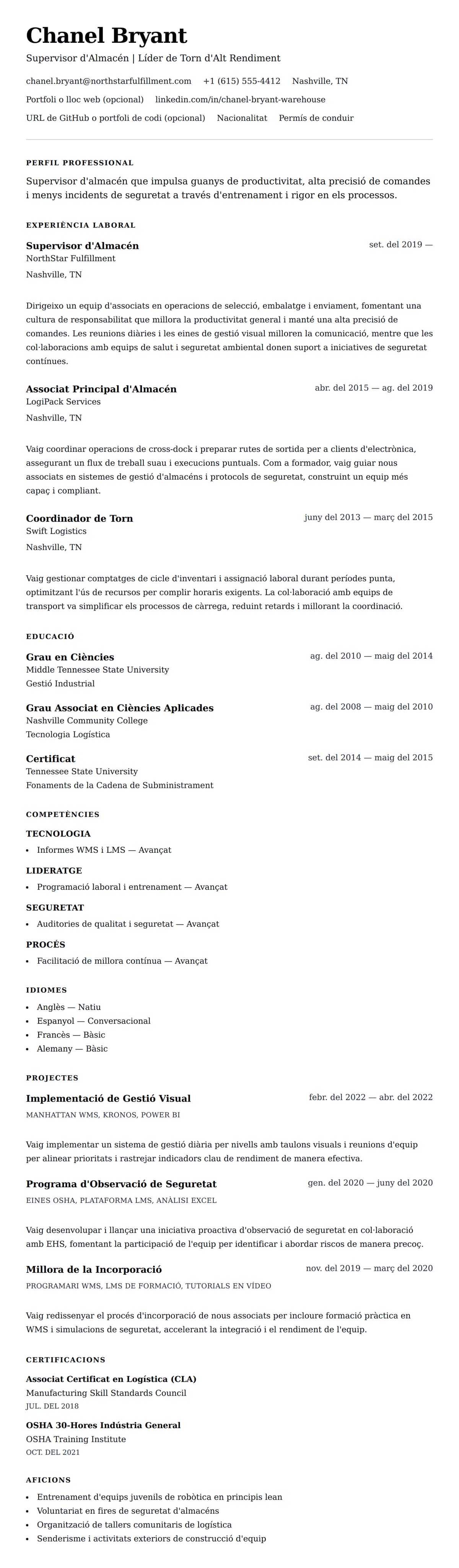 Previsualització del currículum per a Exemple de Currículum de Supervisor d'Almacén