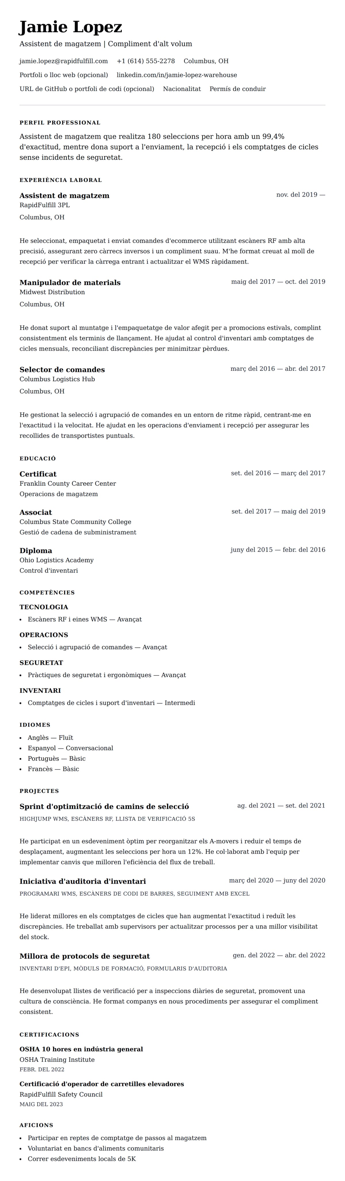 Previsualització del currículum per a Exemple de currículum de treballador de magatzem