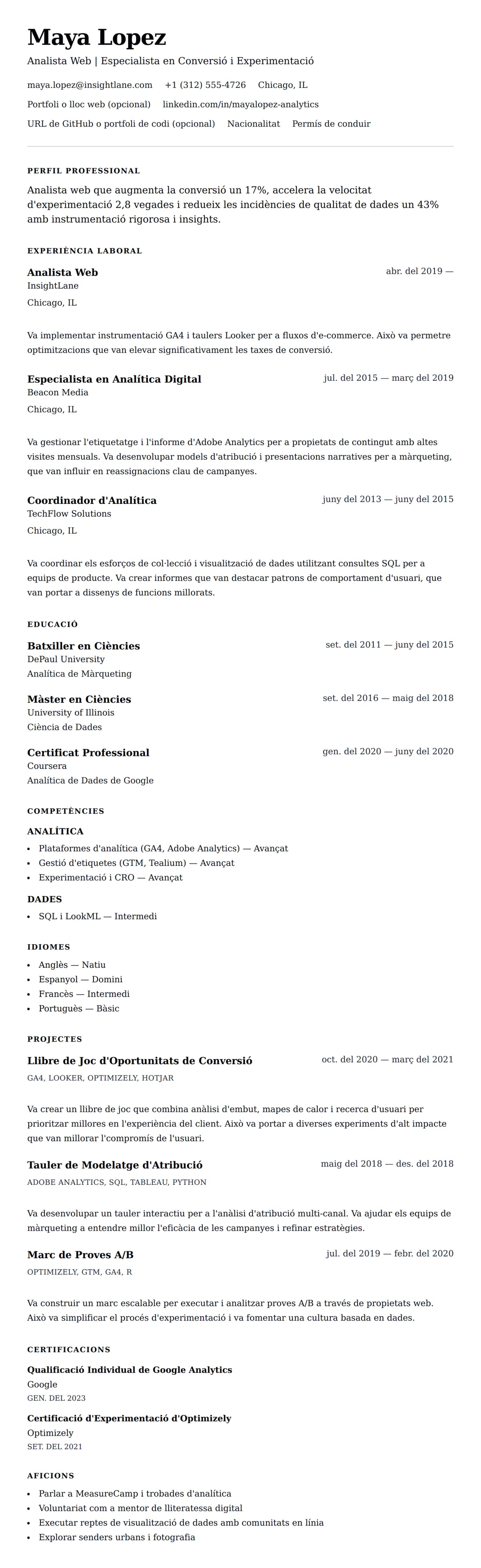 Previsualització del currículum per a Exemple de Currículum d'Analista Web