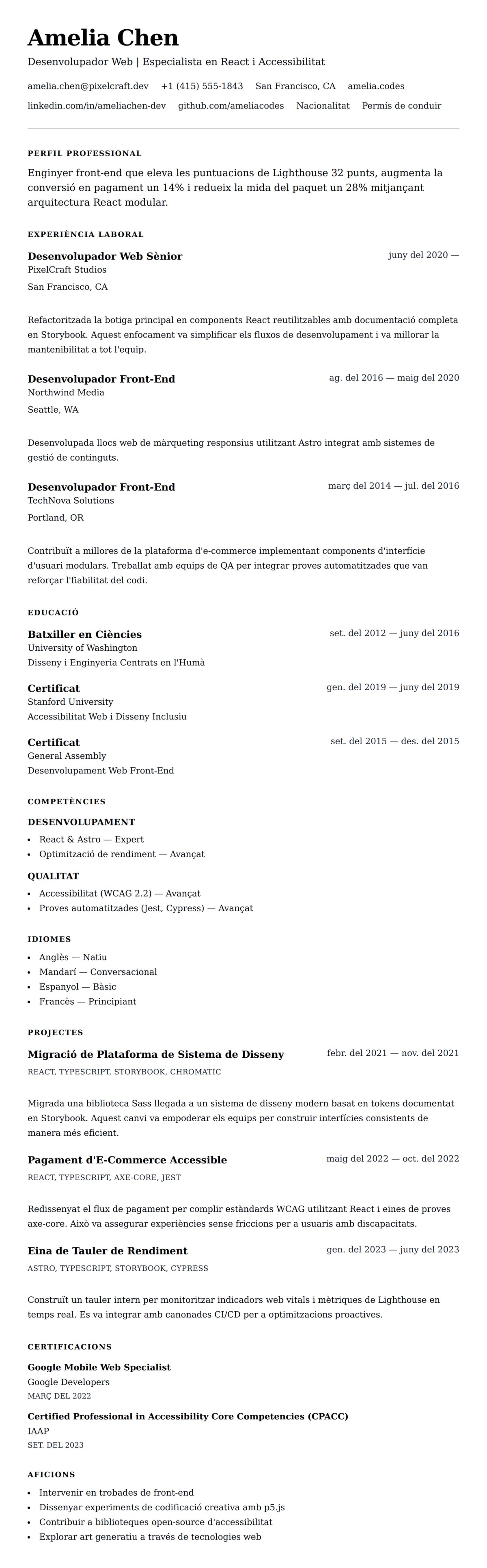 Previsualització del currículum per a Exemple de Currículum de Desenvolupador Web