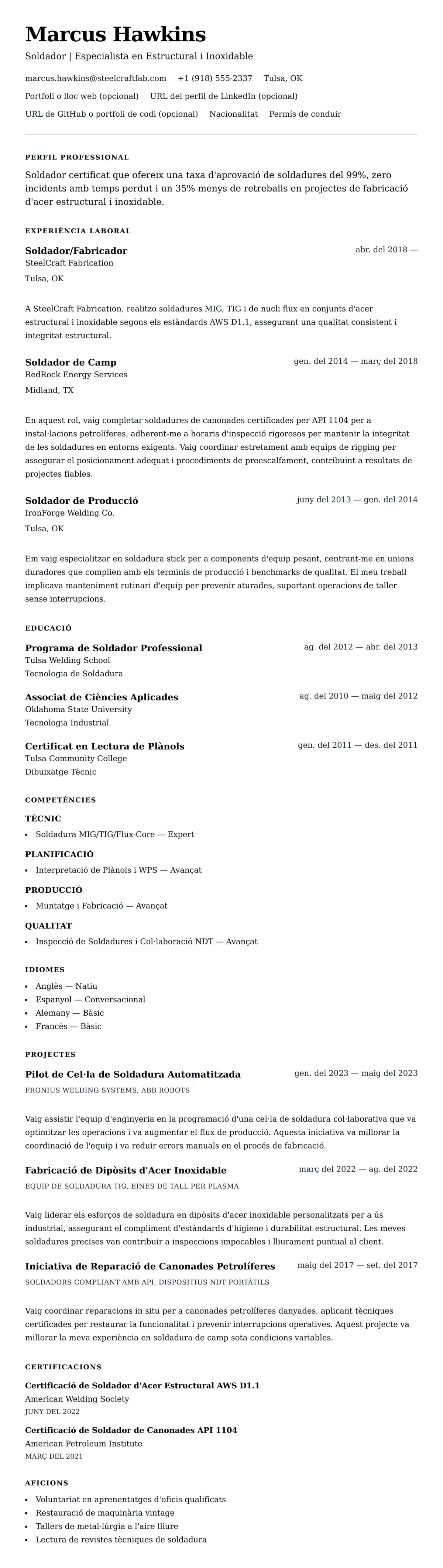 Previsualització del currículum per a Exemple de Currículum de Soldador
