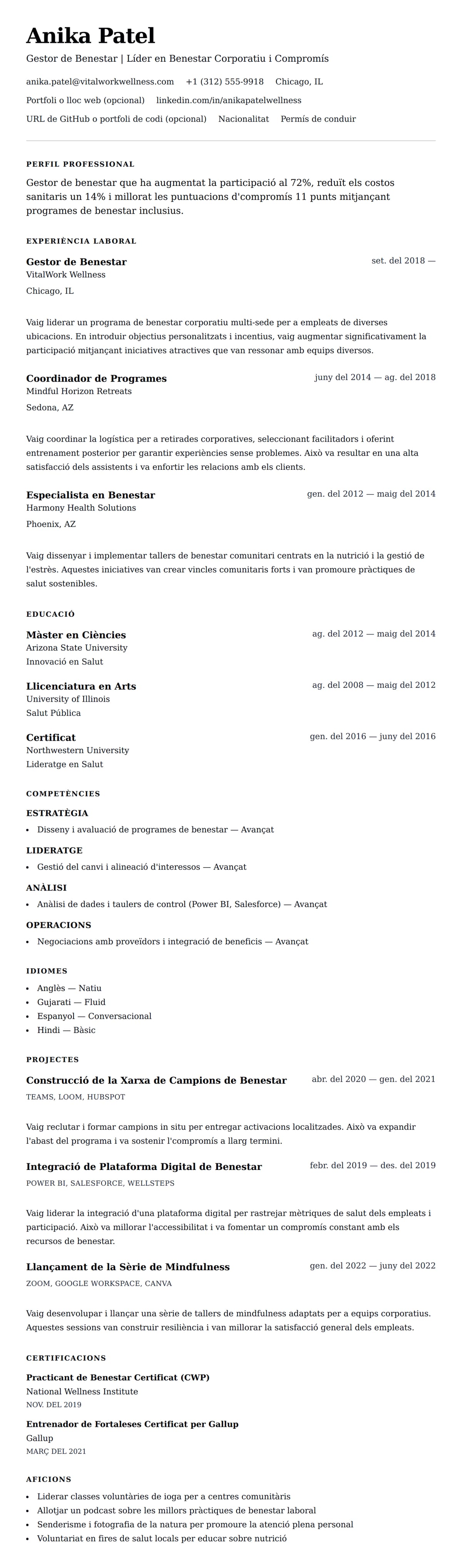 Previsualització del currículum per a Exemple de Currículum de Gestor de Benestar