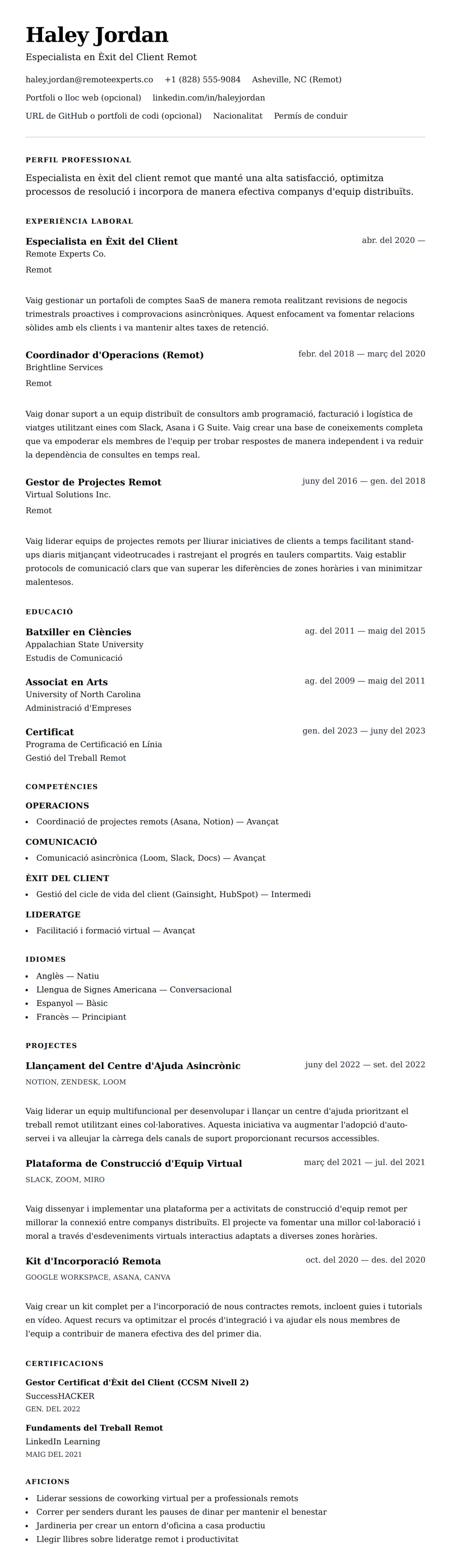 Previsualització del currículum per a Exemple de Currículum de Professional del Treball des de Casa