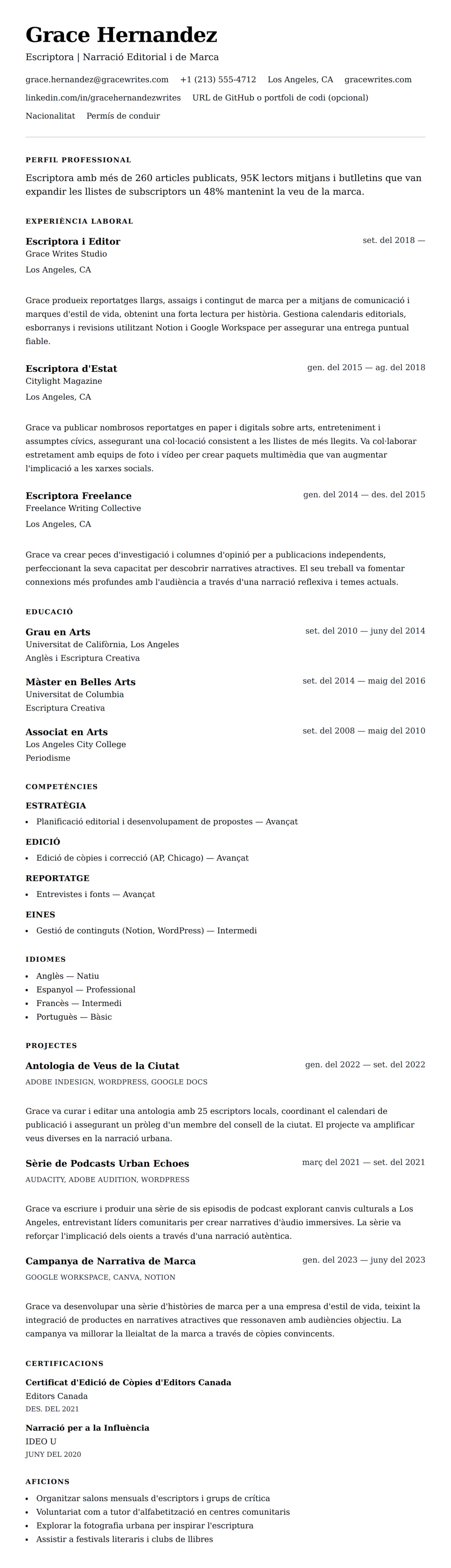 Previsualització del currículum per a Exemple de Currículum d'Escriptora