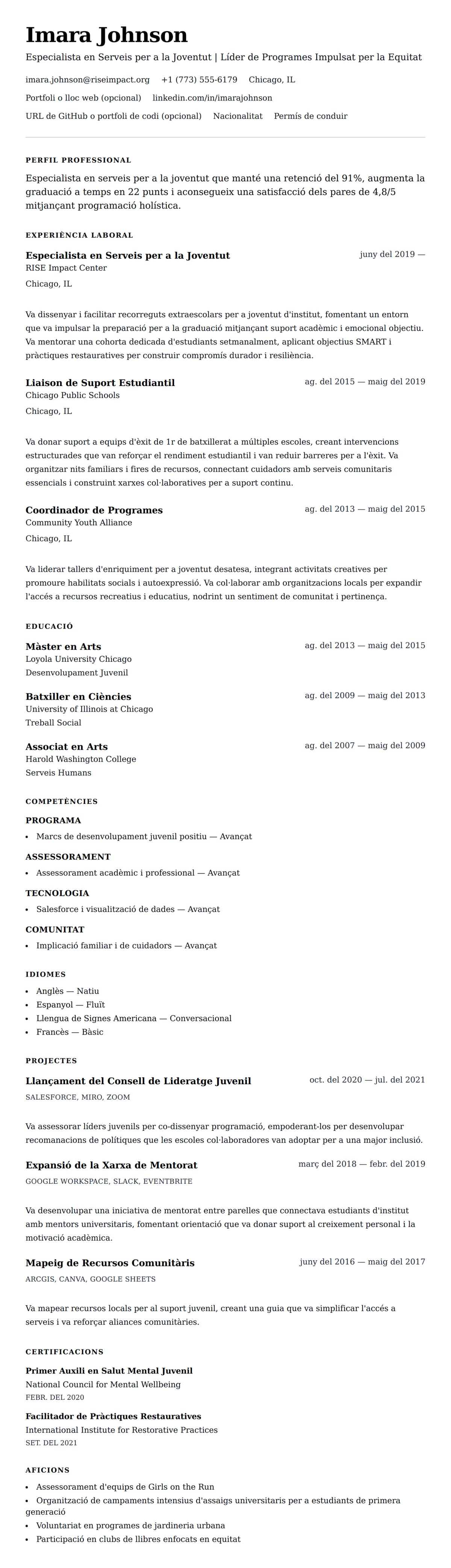 Previsualització del currículum per a Exemple de Currículum d'Especialista en Serveis per a la Joventut