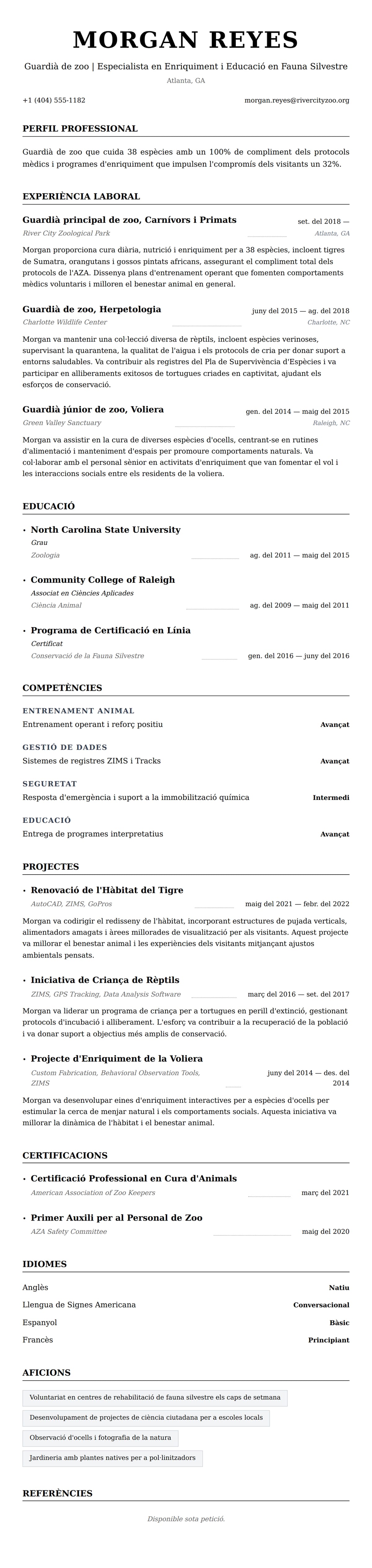 Previsualització del currículum per a Exemple de currículum de guardià de zoo