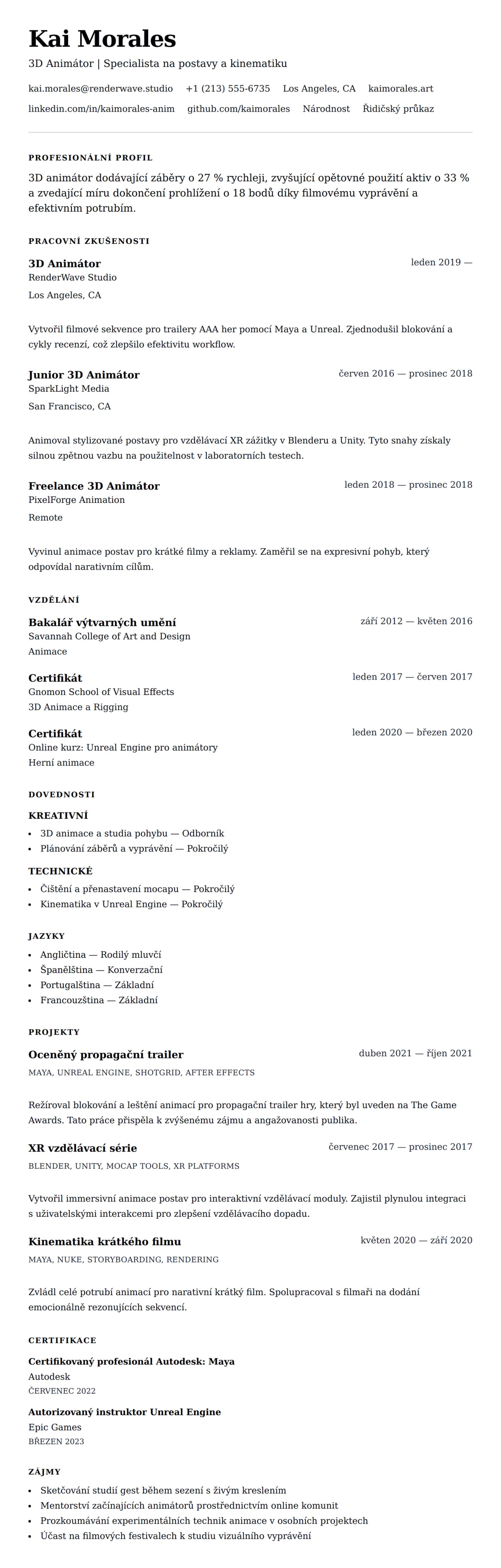 Náhled životopisu pro Příklad životopisu 3D animátora