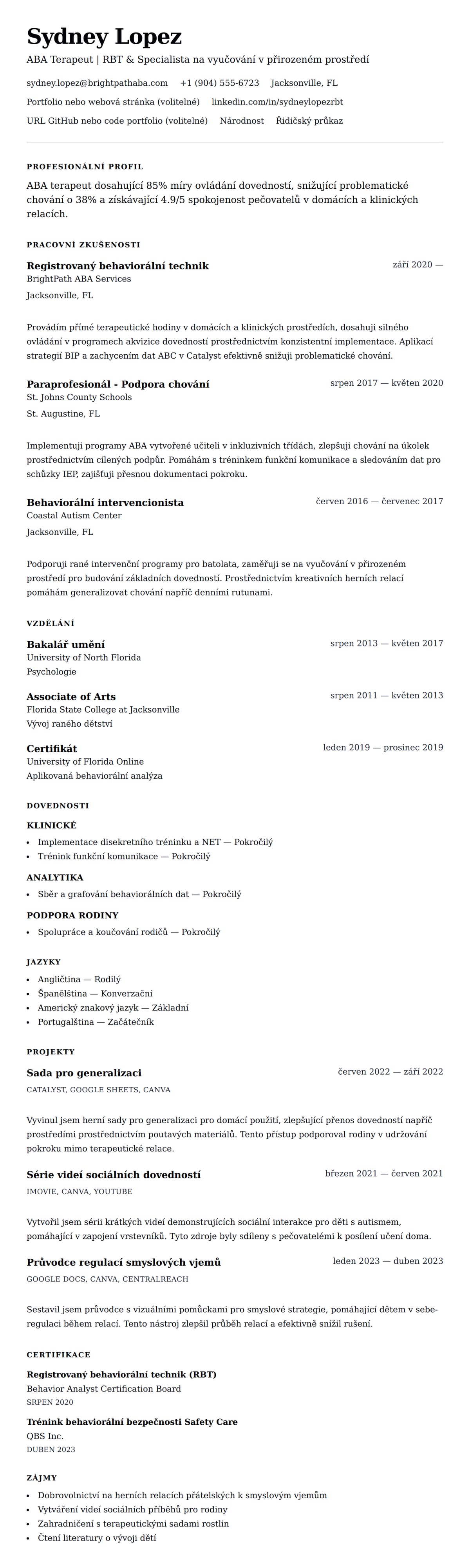 Náhled životopisu pro Příklad životopisu ABA terapeuta