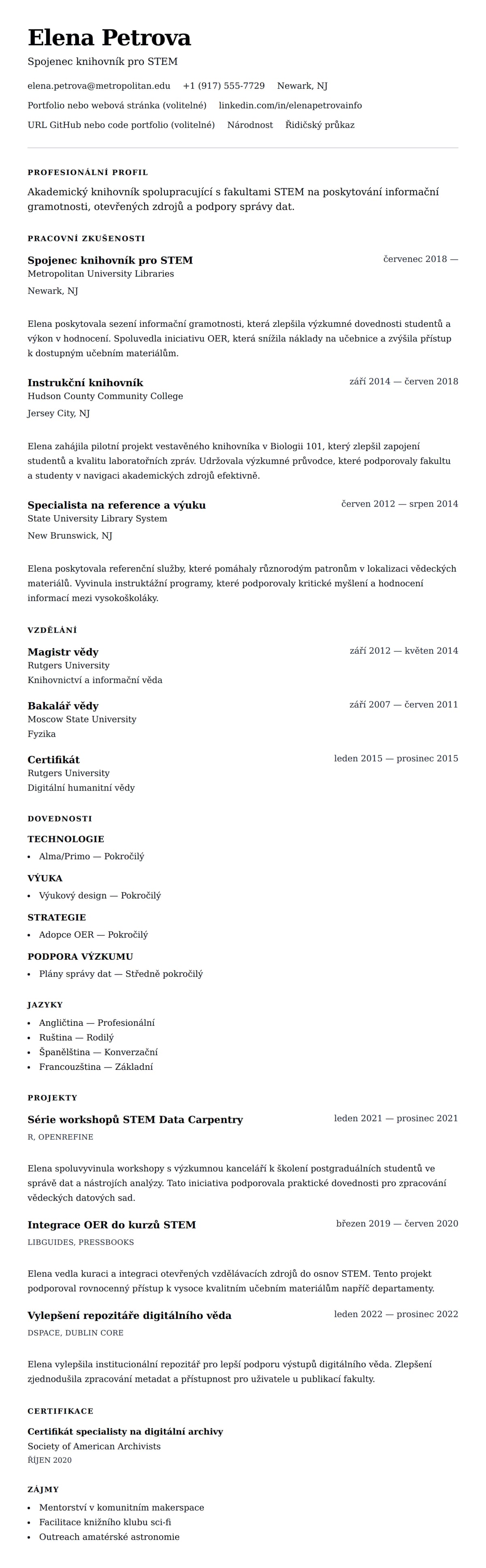 Náhled životopisu pro Příklad životopisu akademického knihovníka