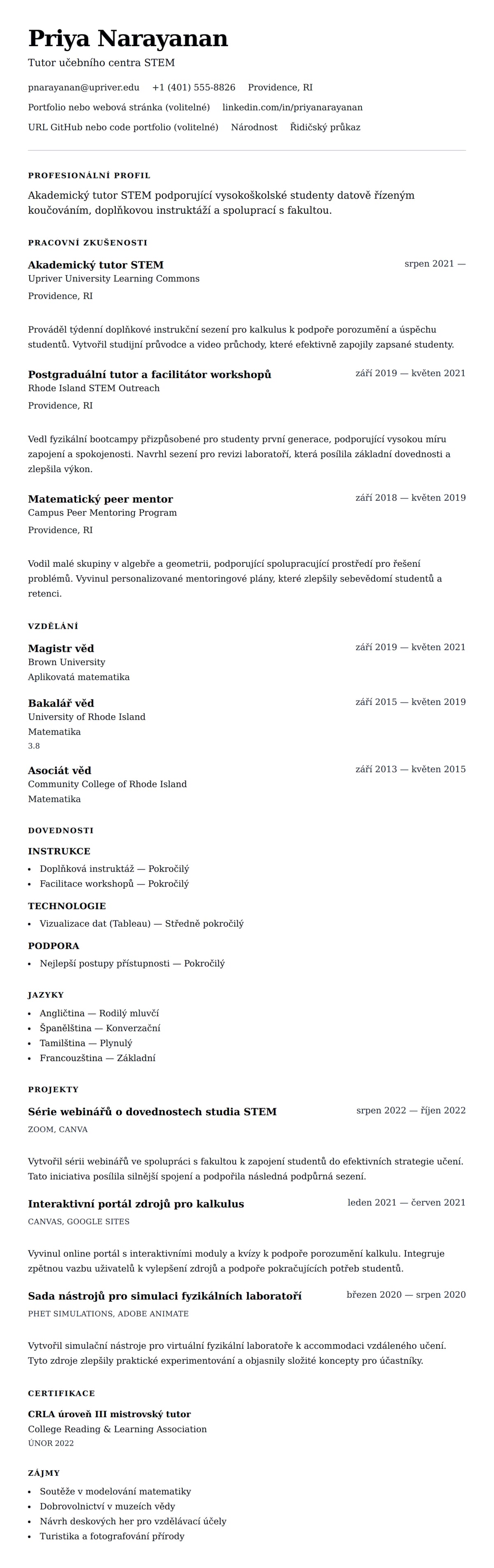 Náhled životopisu pro Příklad životopisu akademického tutora
