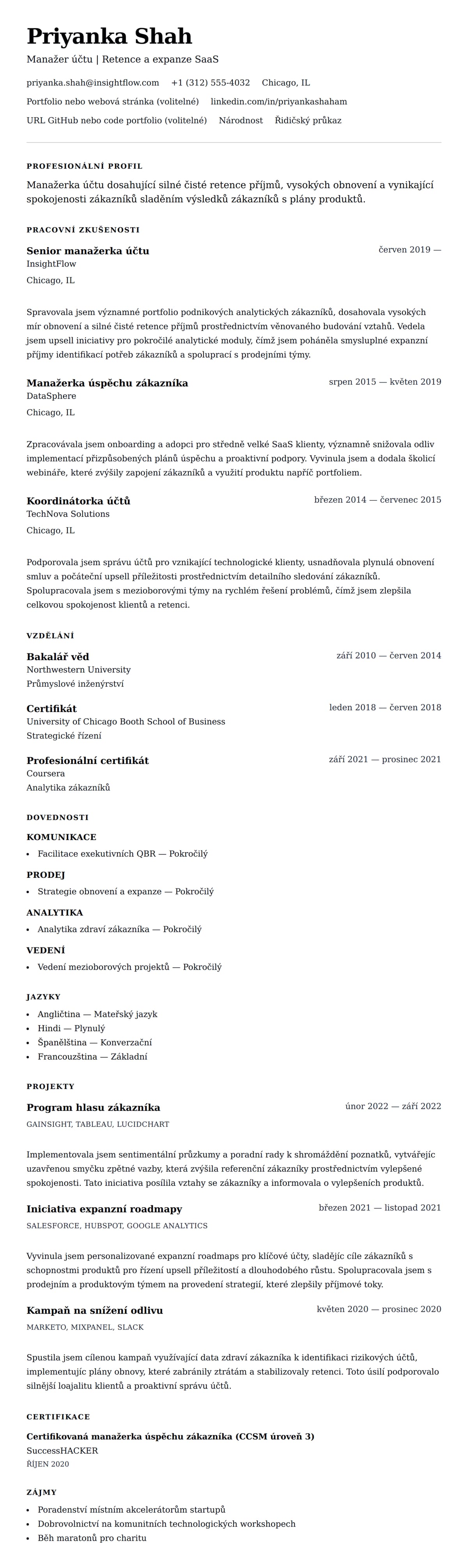 Náhled životopisu pro Příklad životopisu manažera účtu