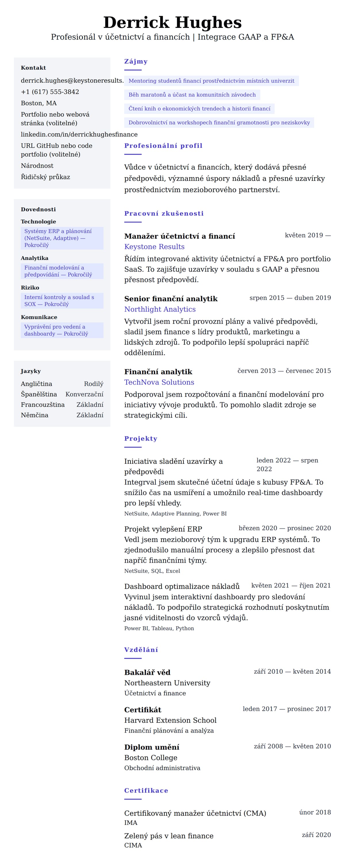 Náhled životopisu pro Příklad životopisu profesionála v účetnictví a financích