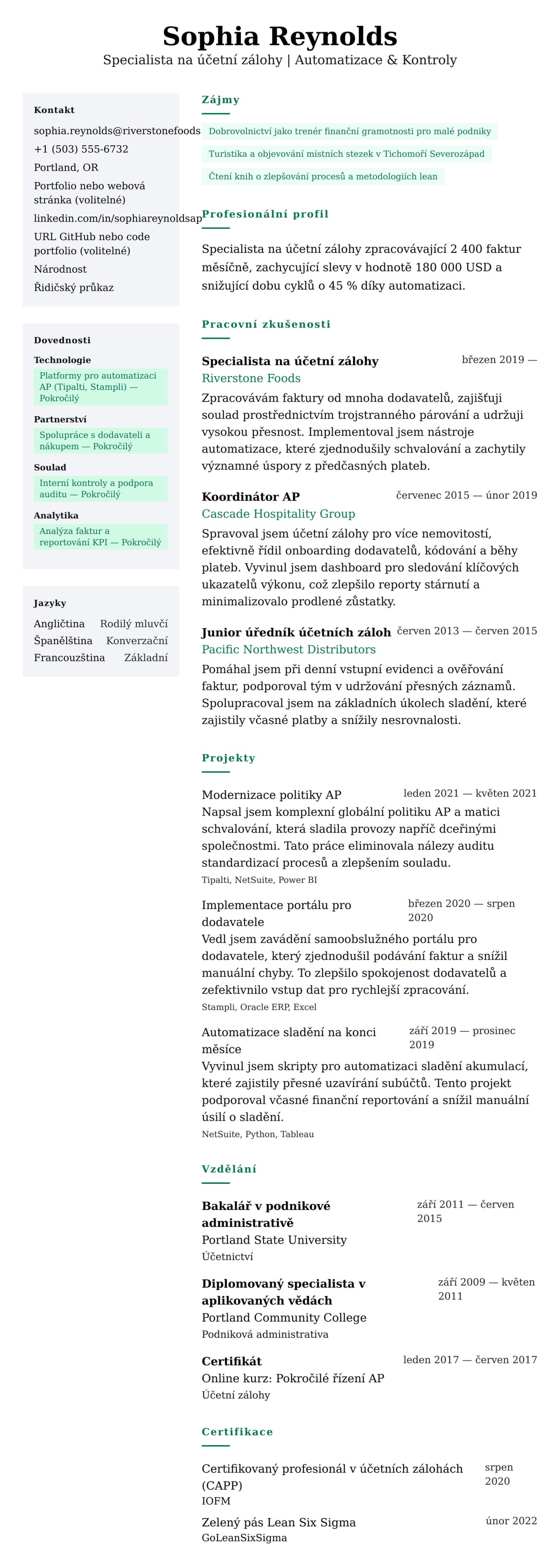 Náhled životopisu pro Příklad životopisu specialisty na účetní zálohy