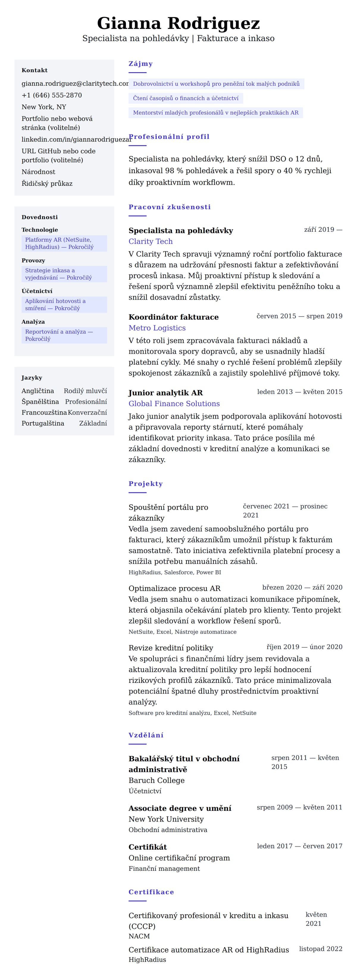 Náhled životopisu pro Příklad životopisu specialisty na pohledávky