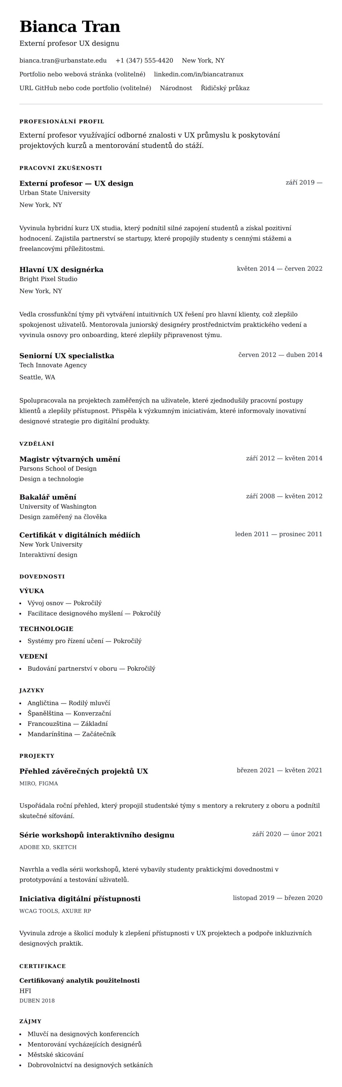 Náhled životopisu pro Příklad životopisu externího profesora