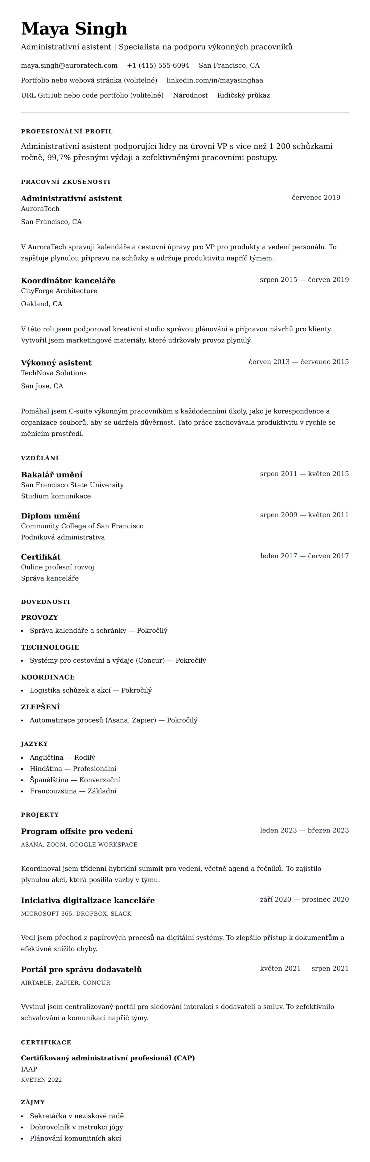 Náhled životopisu pro Příklad životopisu administrativního asistenta