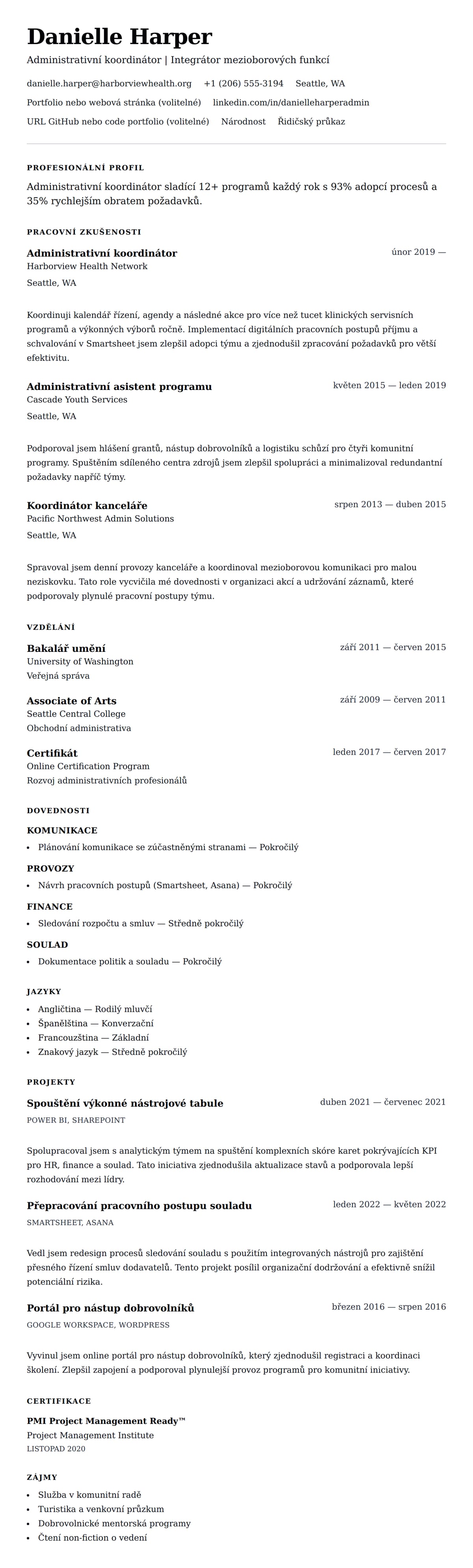 Náhled životopisu pro Příklad životopisu administrativního koordinátora