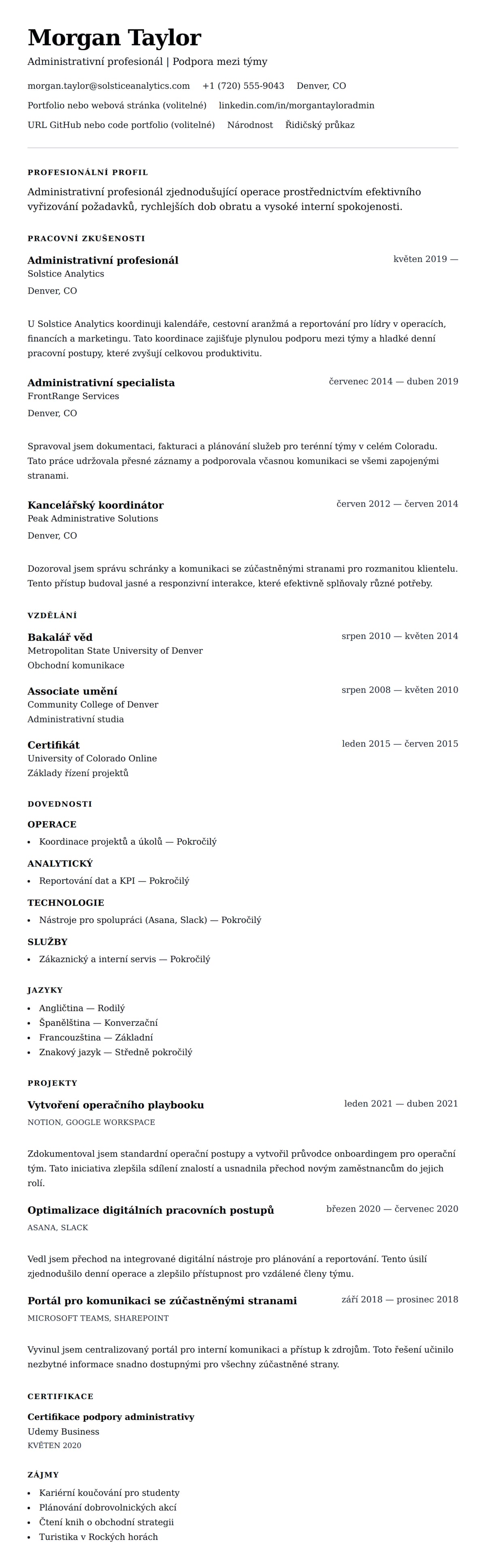 Náhled životopisu pro Příklad životopisu pro administrativního profesionála