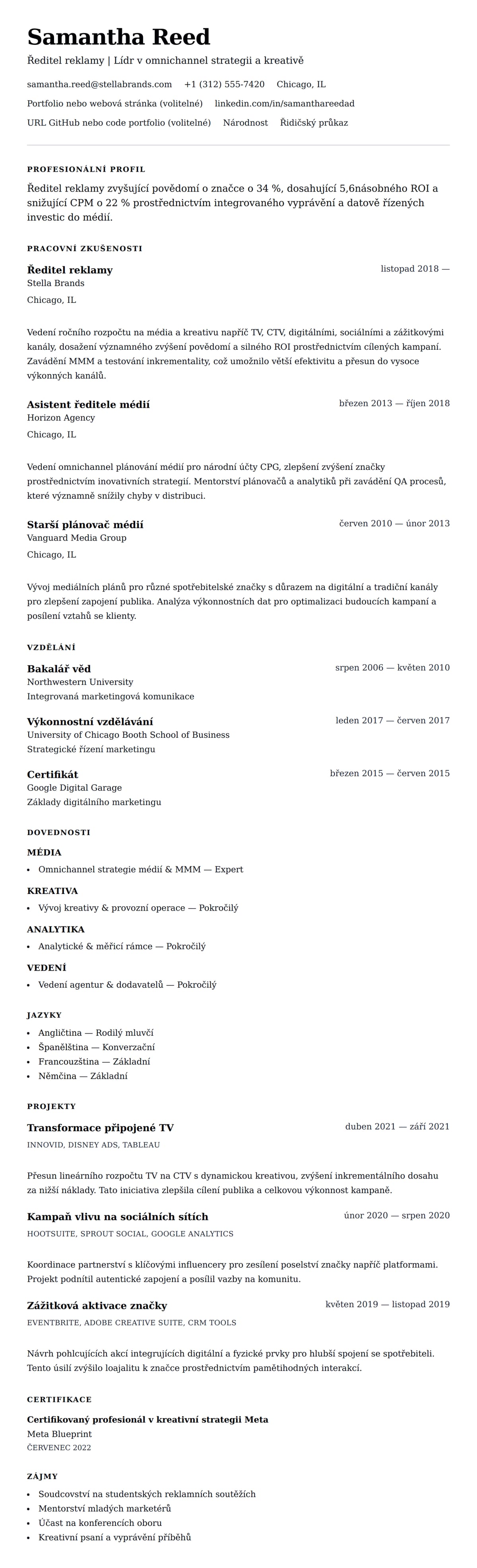 Náhled životopisu pro Příklad životopisu Ředitele reklamy
