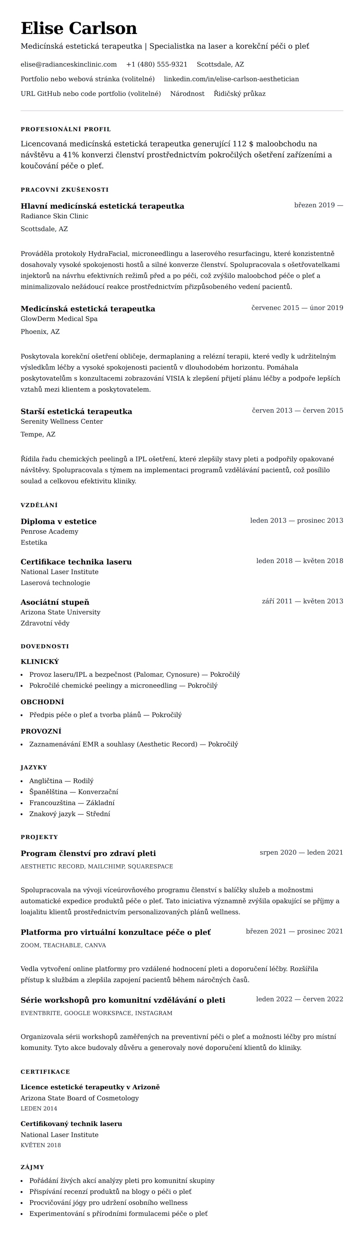 Náhled životopisu pro Příklad životopisu medicínské estetické terapeutky