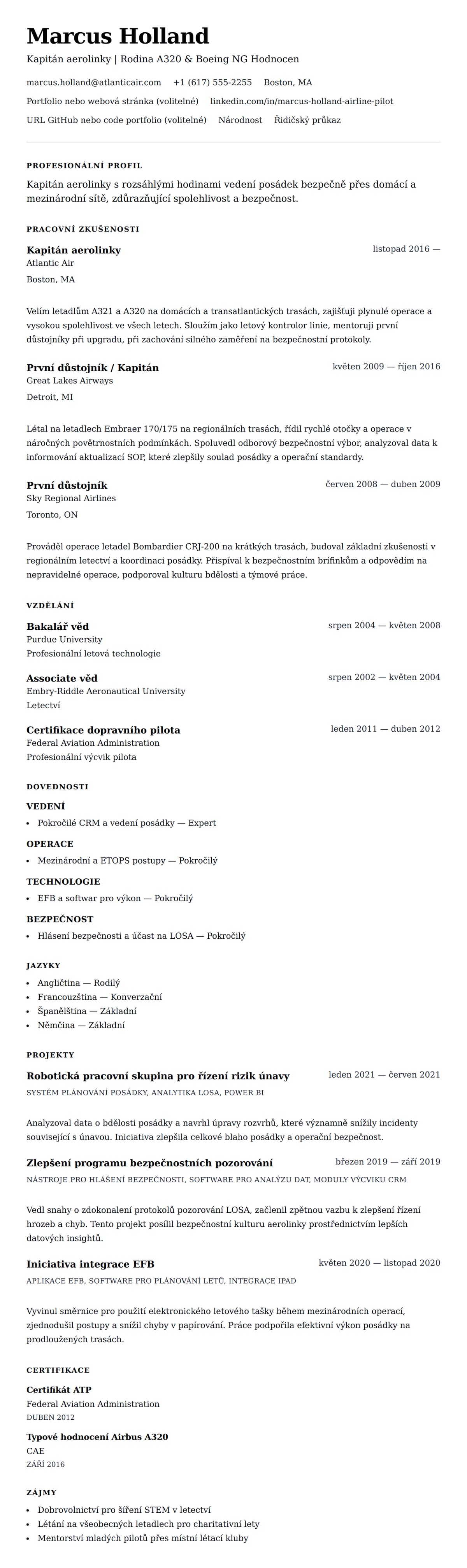 Náhled životopisu pro Příklad životopisu pilota aerolinky