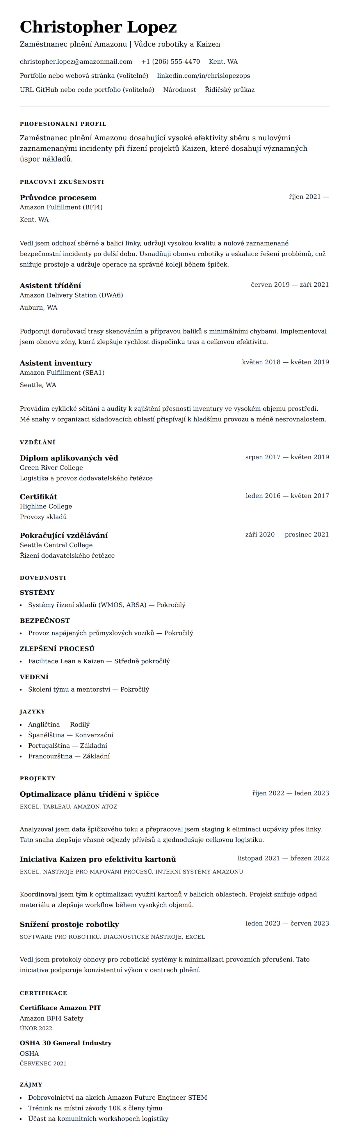 Náhled životopisu pro Příklad životopisu zaměstnance Amazonu