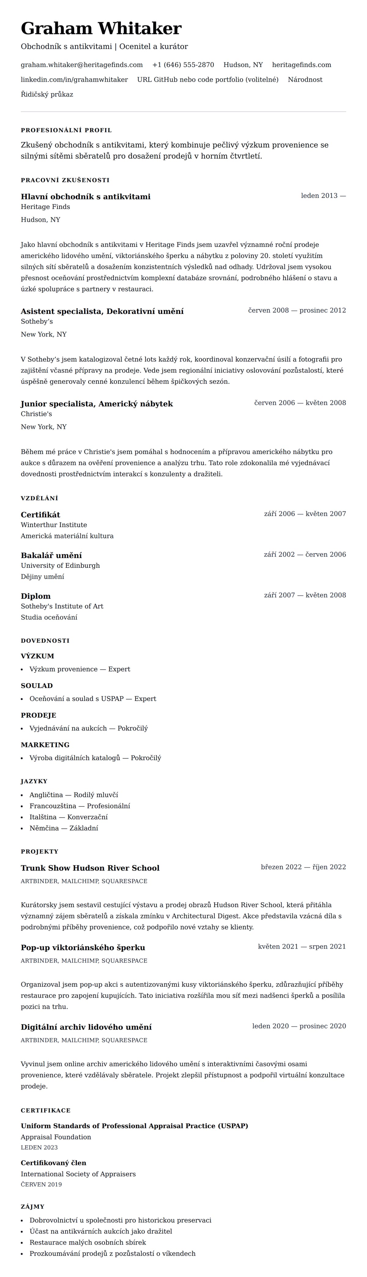 Náhled životopisu pro Příklad životopisu obchodníka s antikvitami