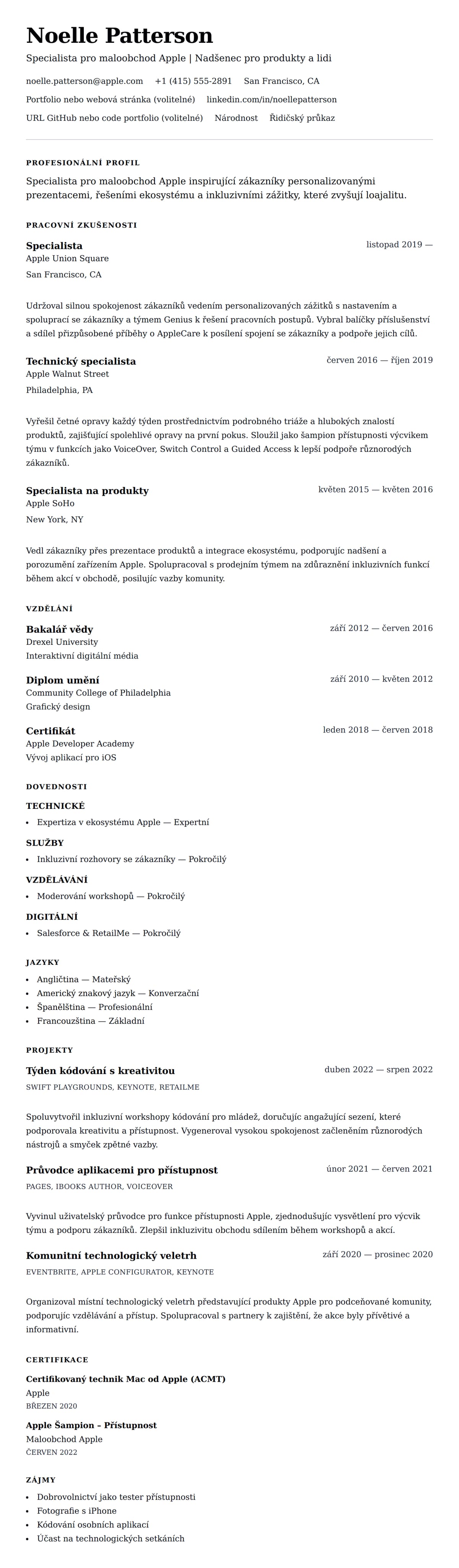 Náhled životopisu pro Příklad životopisu Specialisty pro maloobchod Apple