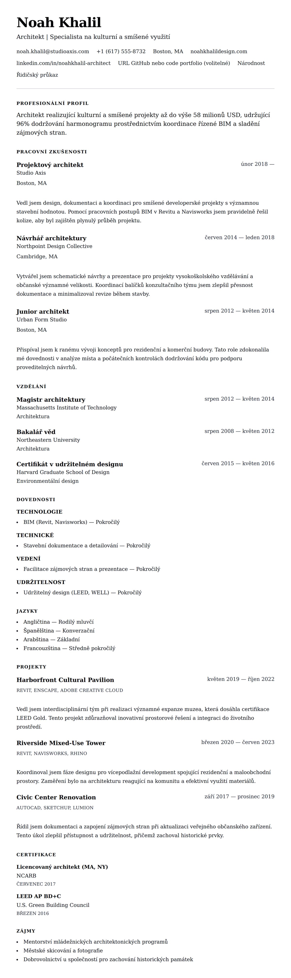 Náhled životopisu pro Příklad životopisu architekta