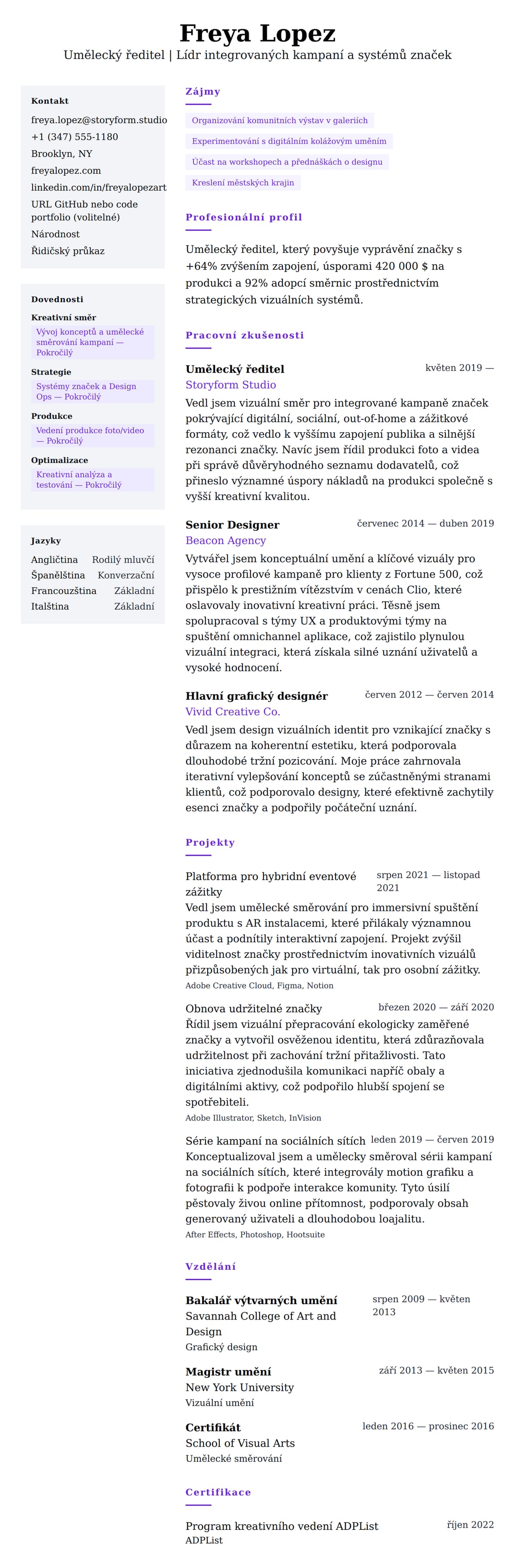 Náhled životopisu pro Příklad životopisu uměleckého ředitele