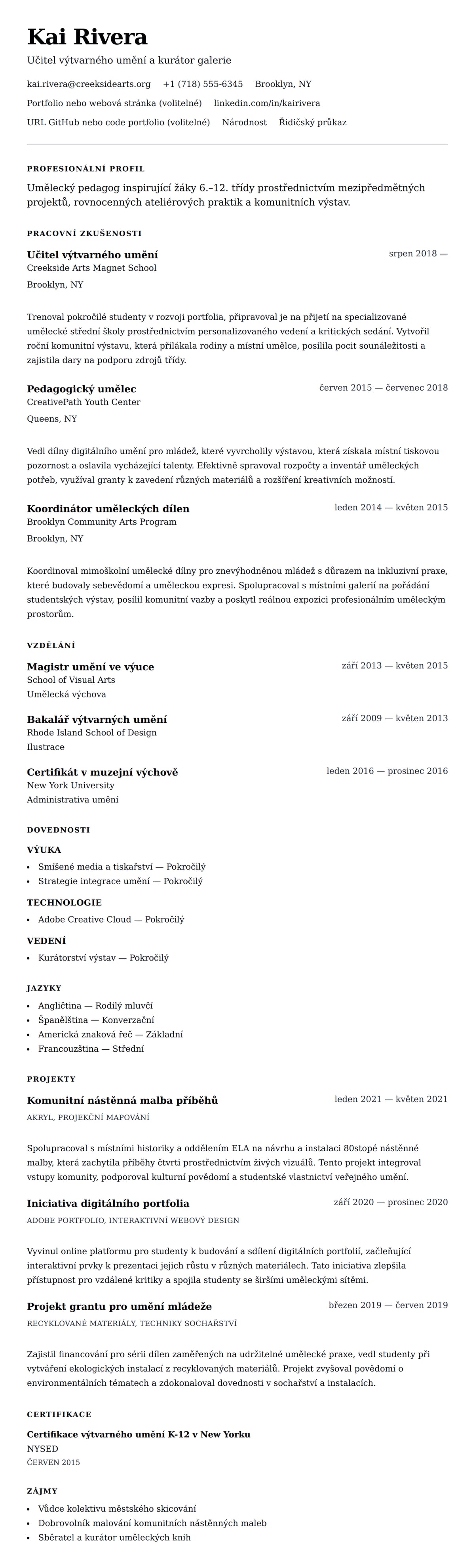 Náhled životopisu pro Příklad životopisu učitele umění