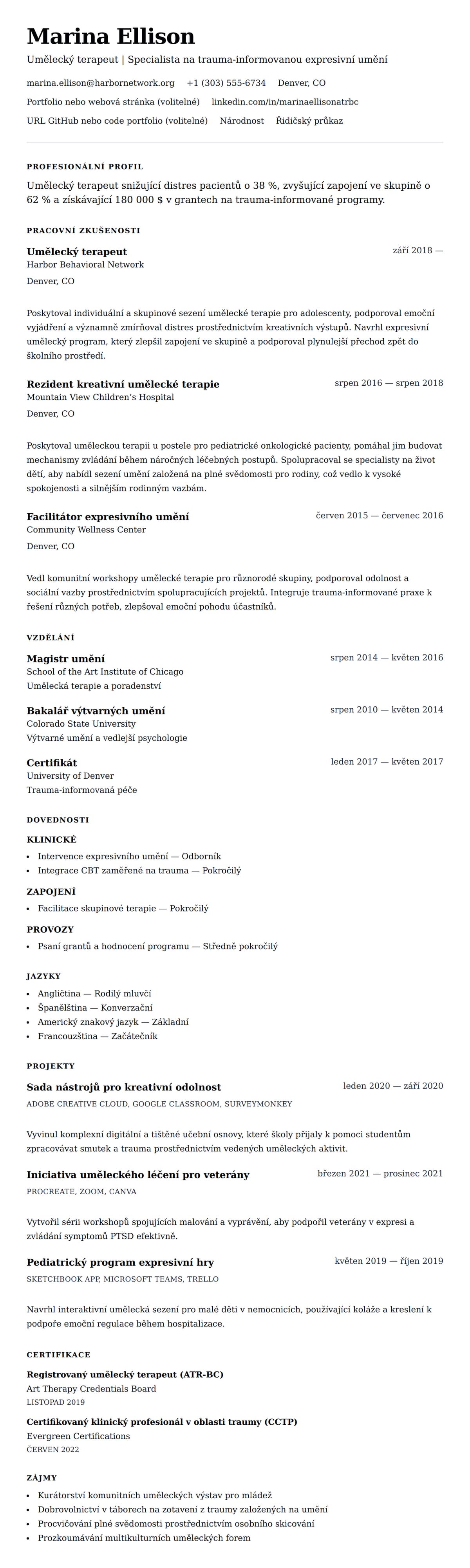 Náhled životopisu pro Příklad životopisu uměleckého terapeuta
