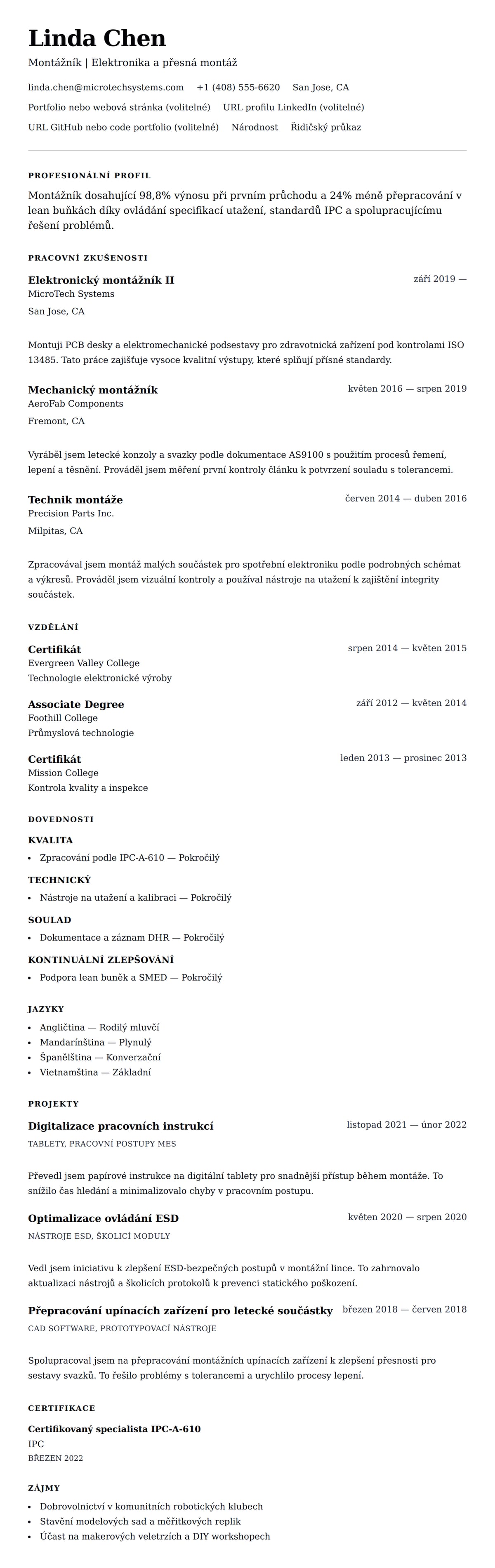 Náhled životopisu pro Příklad životopisu montážníka