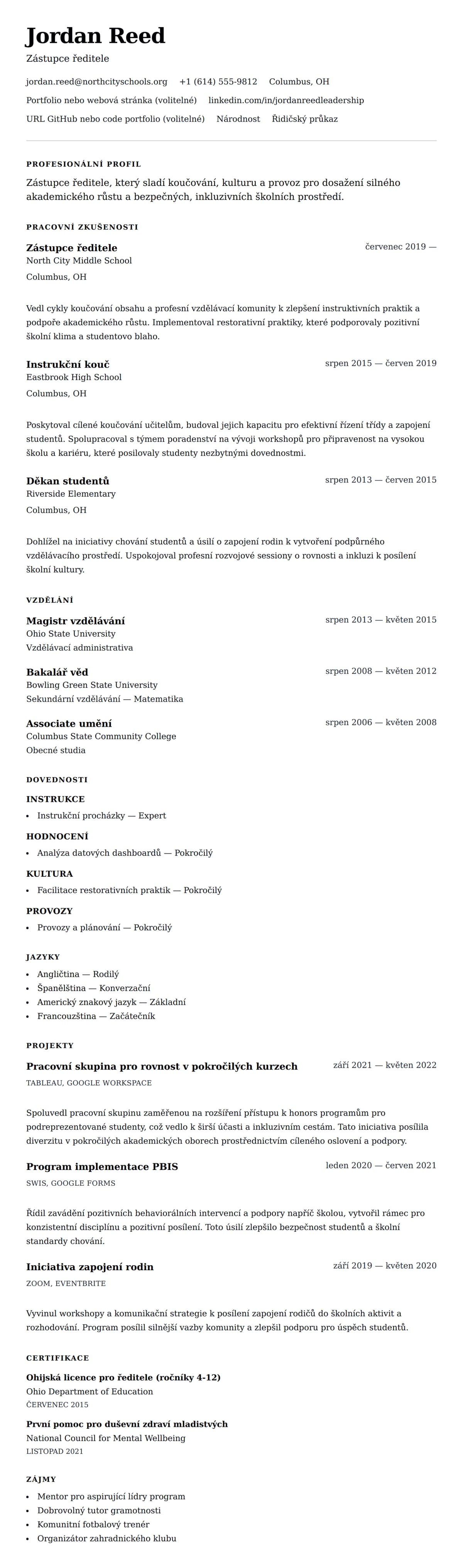 Náhled životopisu pro Příklad životopisu zástupce ředitele