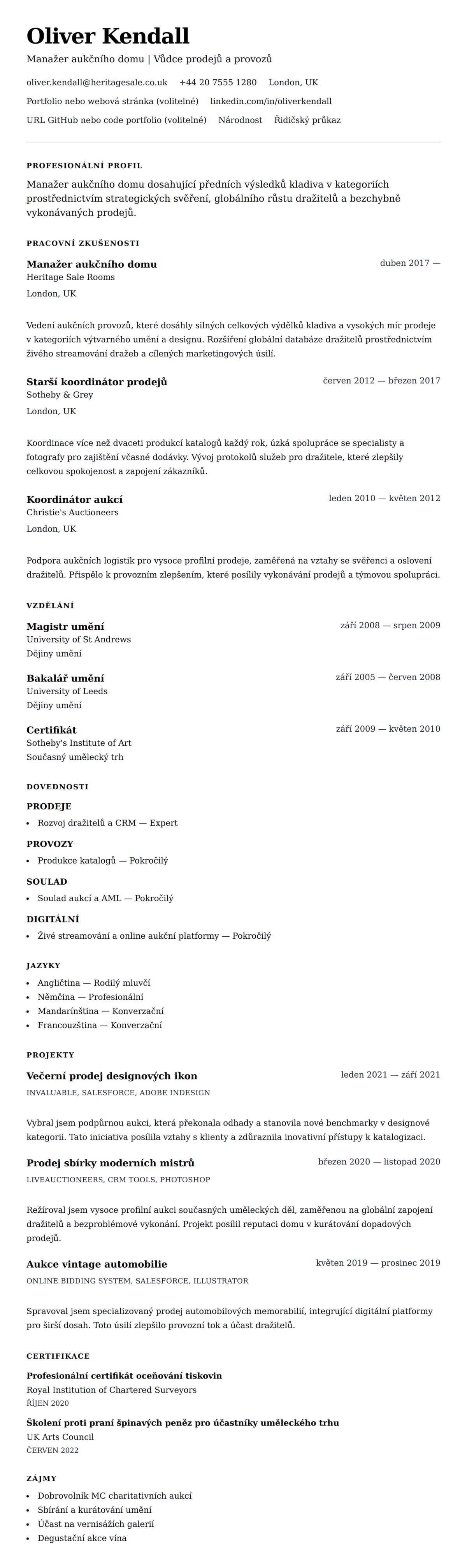 Náhled životopisu pro Příklad životopisu manažera aukčního domu