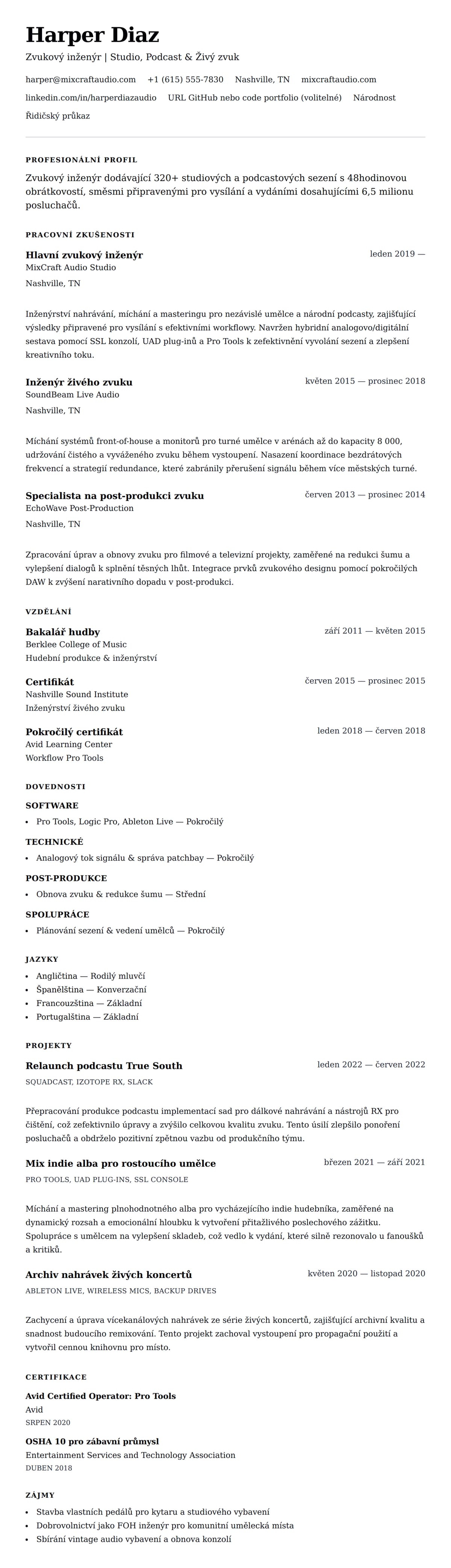 Náhled životopisu pro Příklad životopisu zvukového inženýra