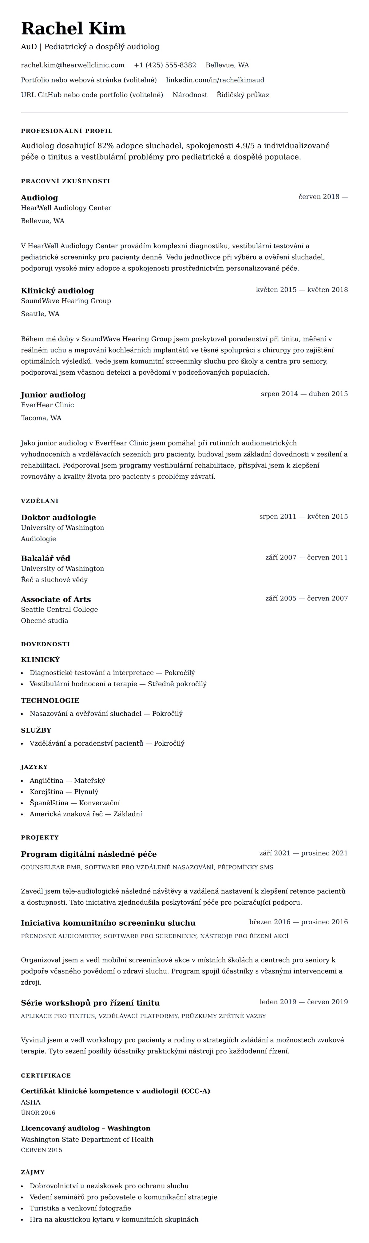 Náhled životopisu pro Příklad životopisu audiologa