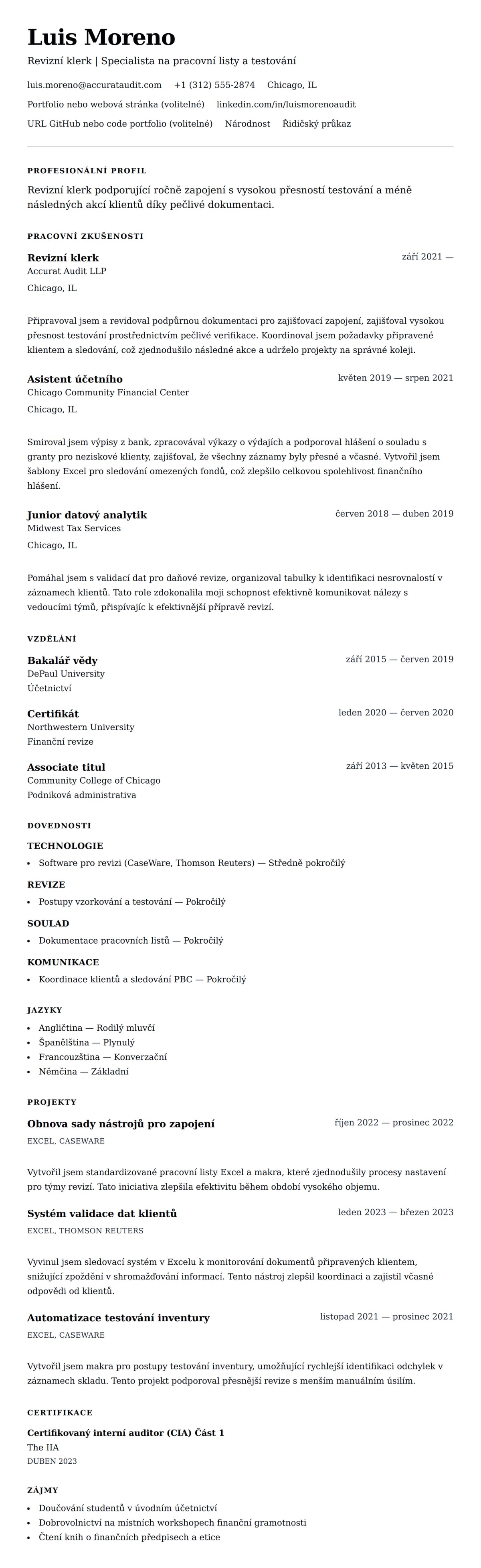 Náhled životopisu pro Příklad životopisu revizního klerka