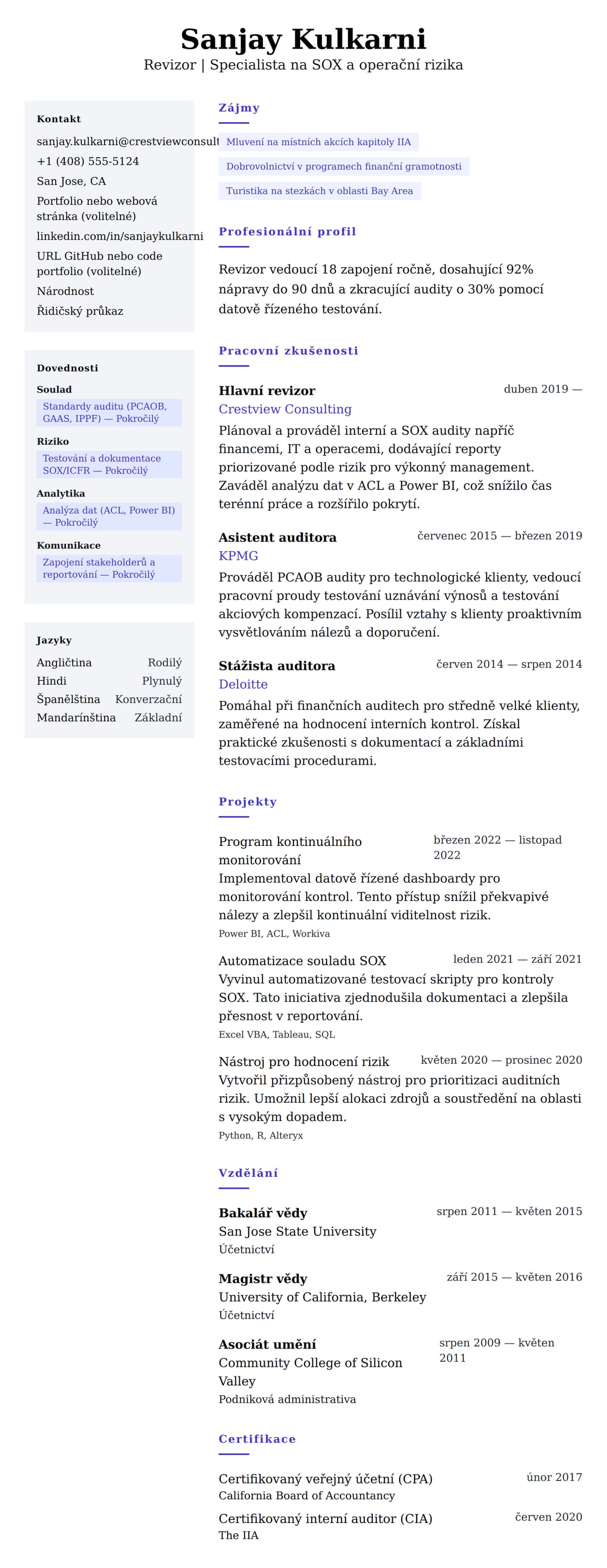 Náhled životopisu pro Příklad životopisu revizora