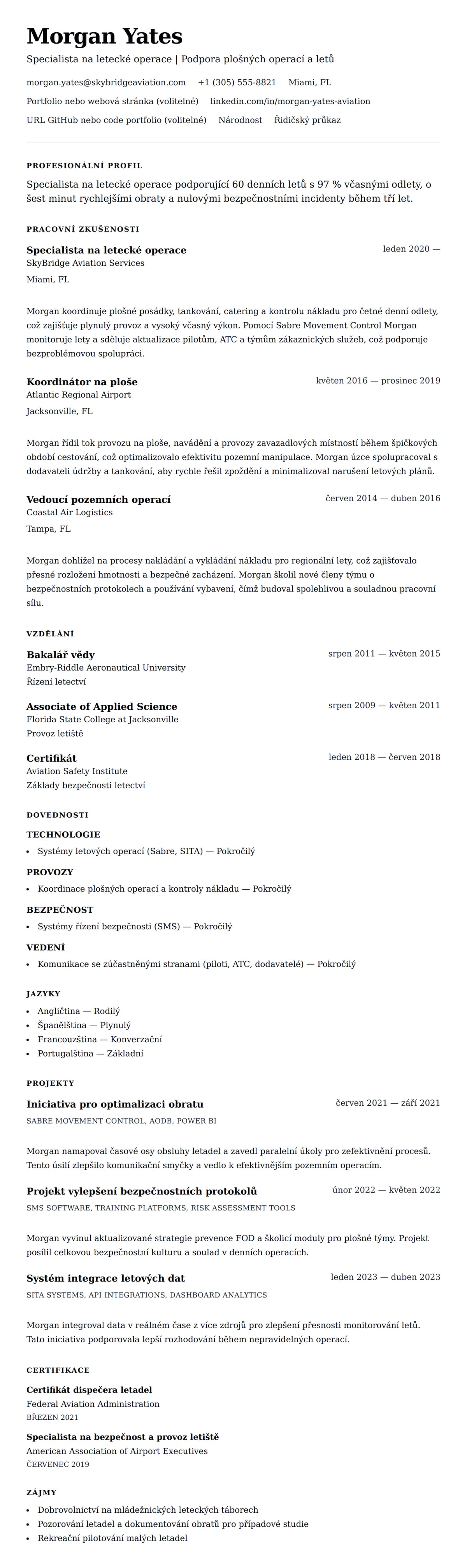 Náhled životopisu pro Příklad životopisu specialisty na letecké operace