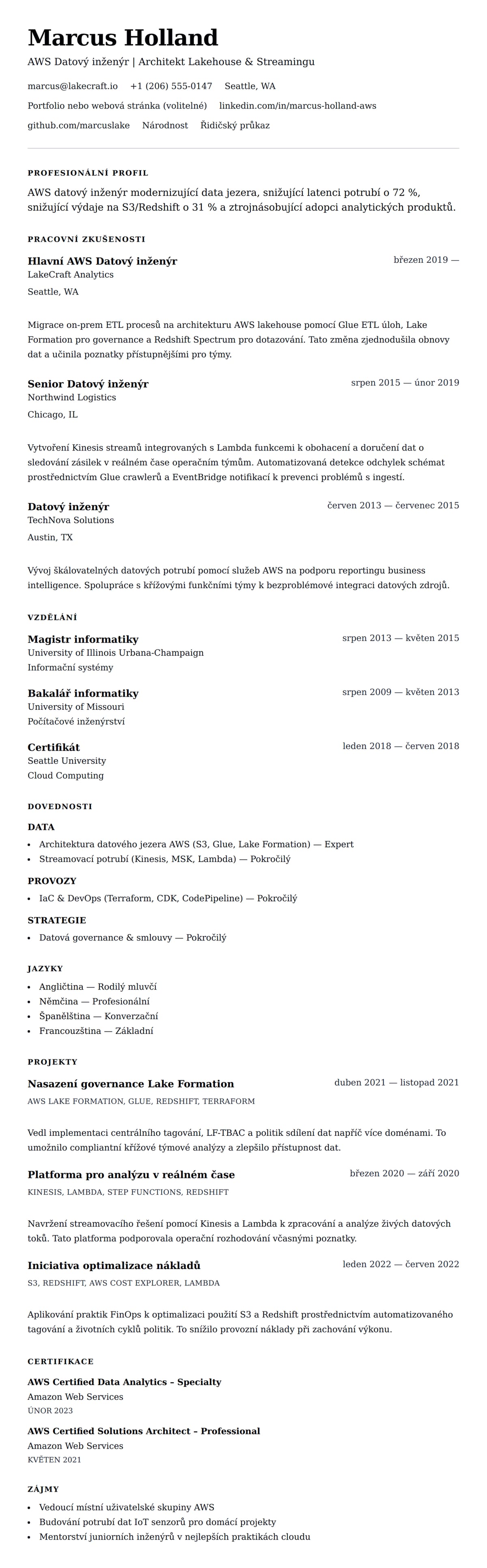 Náhled životopisu pro Příklad životopisu AWS Datového inženýra