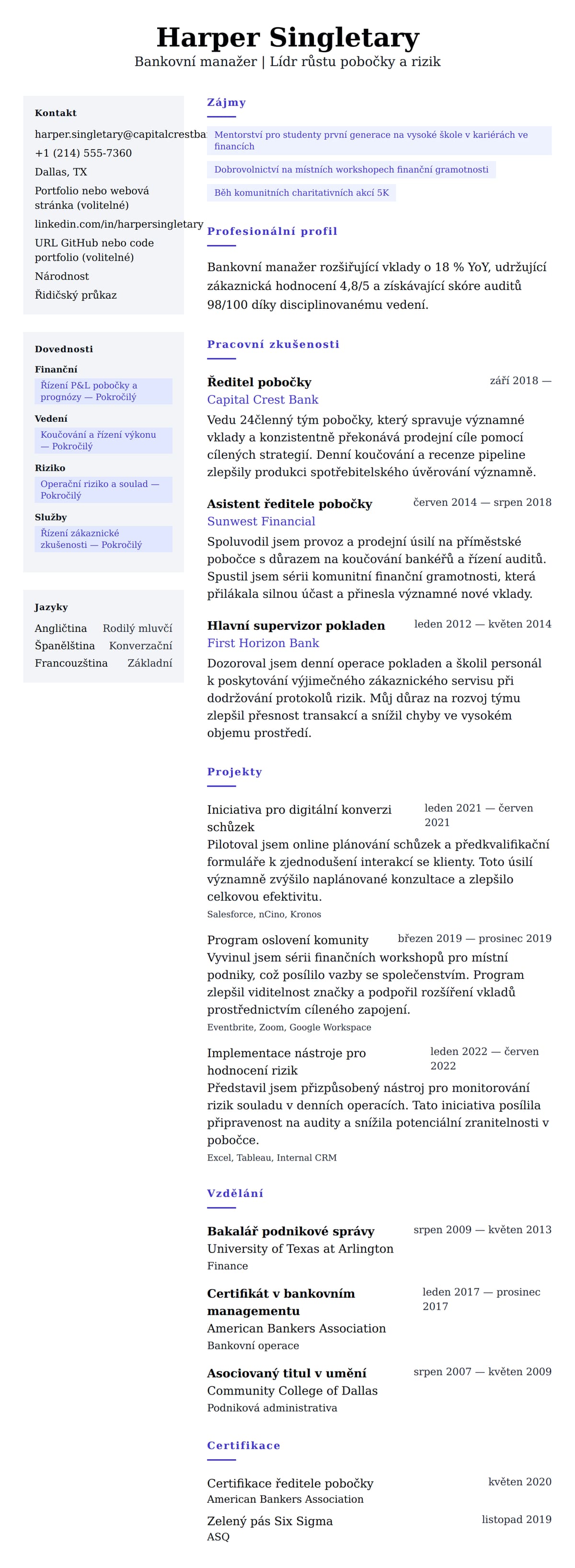 Náhled životopisu pro Příklad životopisu bankovního manažera