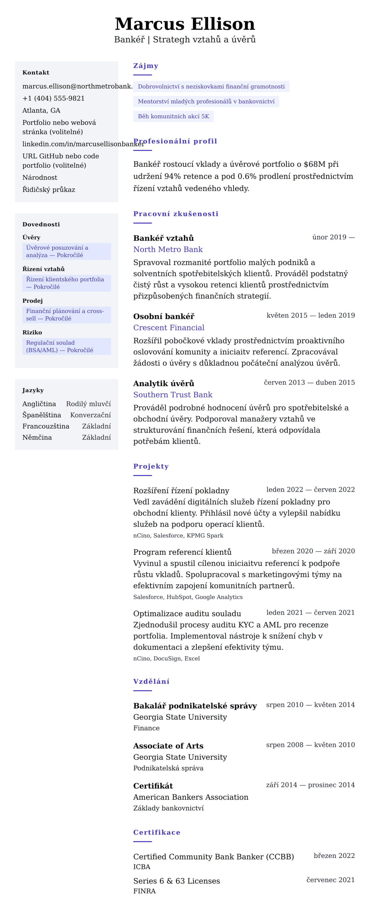 Náhled životopisu pro Příklad životopisu bankéře