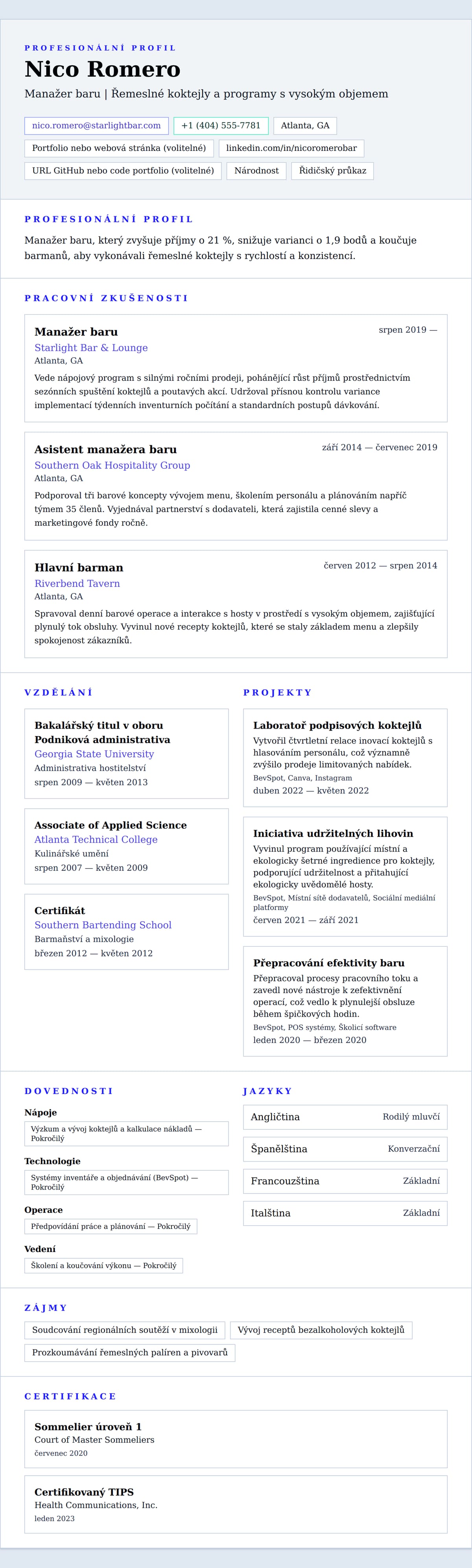 Náhled životopisu pro Příklad životopisu manažera baru