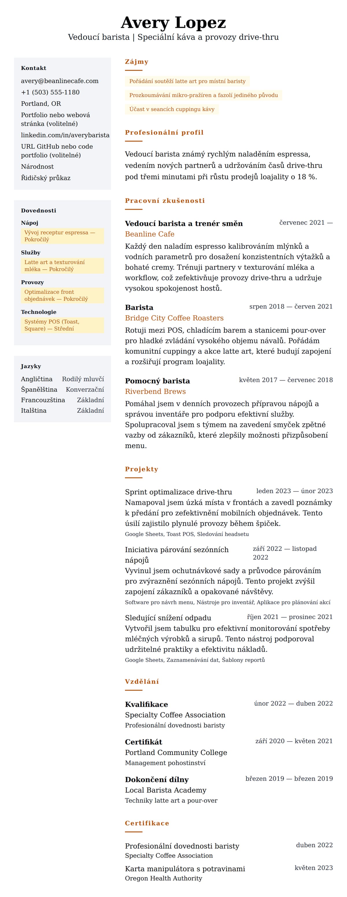 Náhled životopisu pro Příklad životopisu baristy